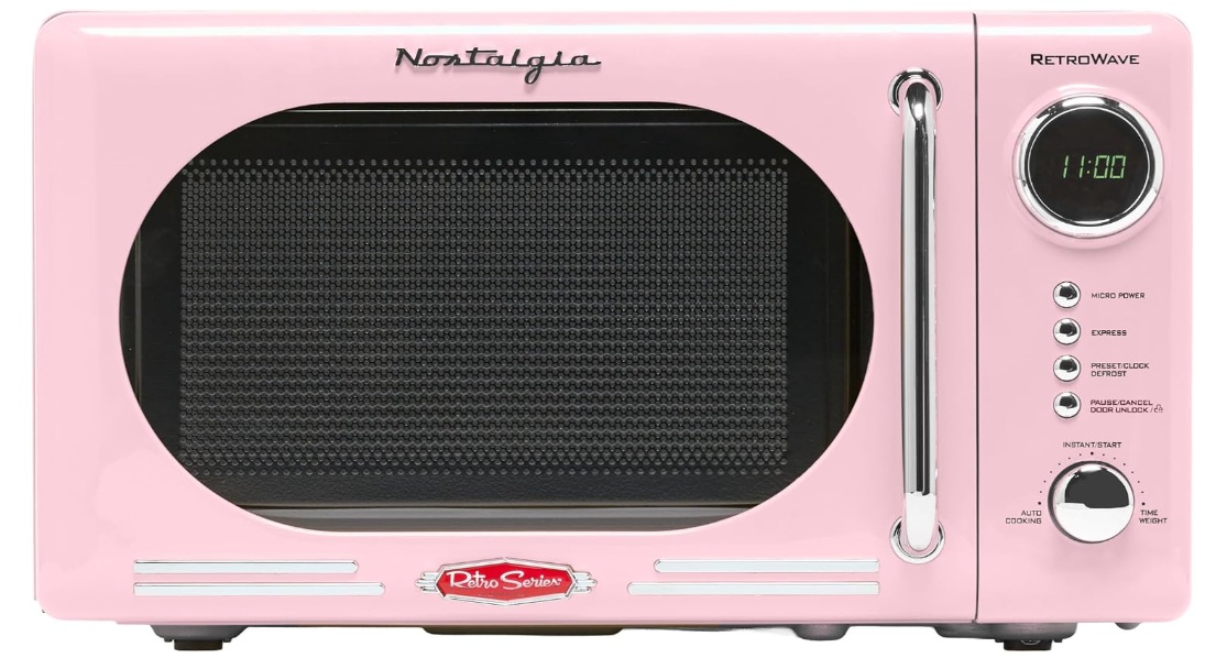 jmD7R4I6-rosado-1.jpg Nostalgia Horno microondas para encimera con interior fácil de limpiar, microondas retro con pantalla LED y bloqueo para niños, horno compacto de 0.7 pies cúbicos con 12 ajustes preprogramados para cocción rápida - Imagen 1
